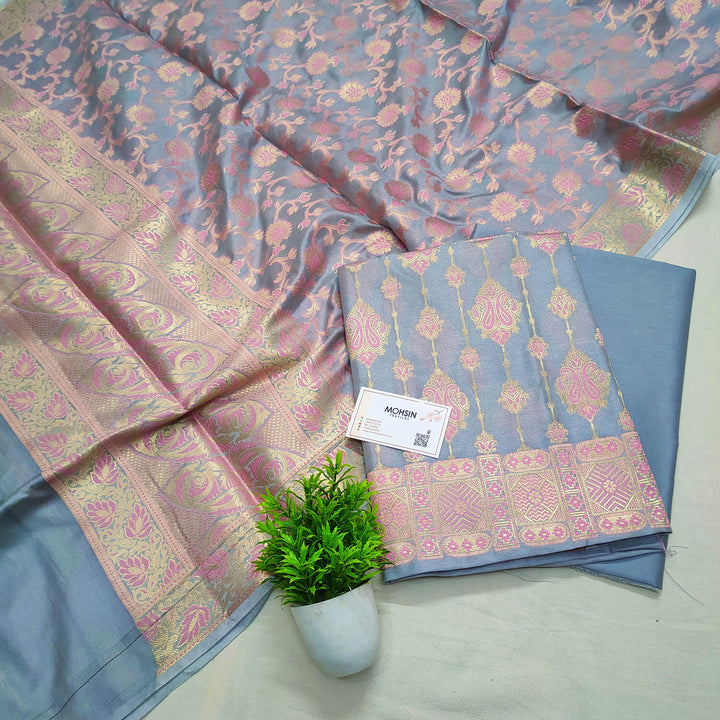 Grey Pink Meena Katan Silk Banarasi Suit