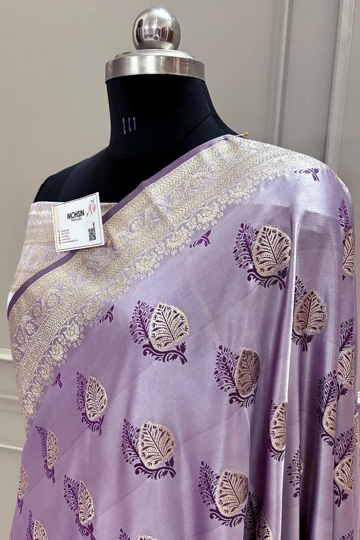 Lavender Golden Zari Satin Silk Banarasi Saree