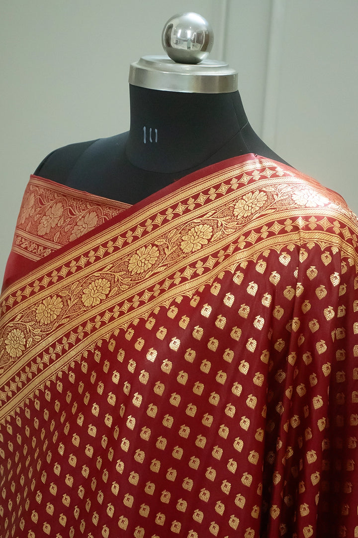 Maroon Golden Paan Katan Silk Banarasi Saree