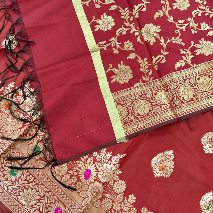 Maroon Golden Zari Satin Silk Banarasi Suit