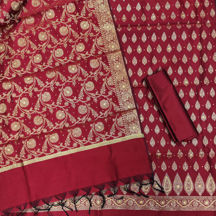 Red Satin Silk Stone Work Banarasi Suit