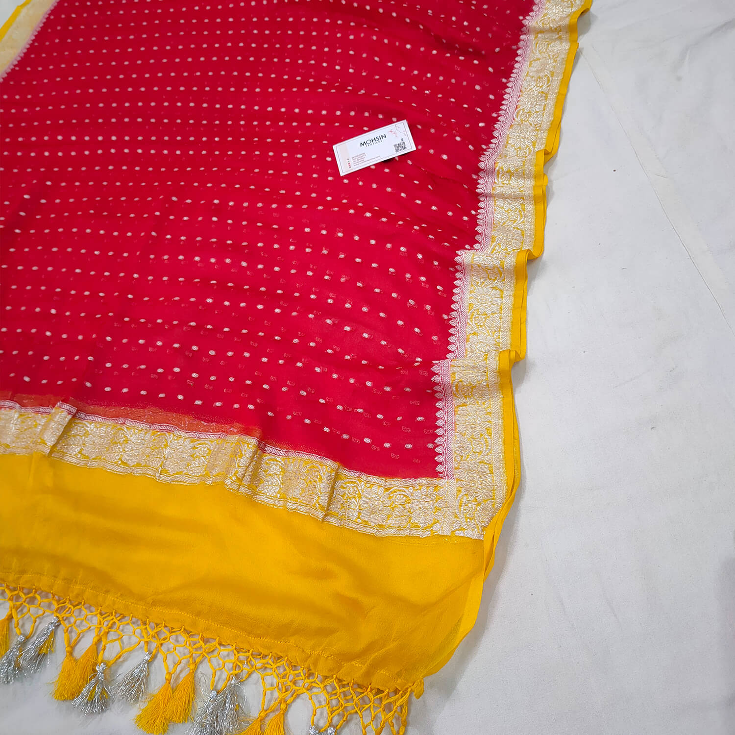 Maroon & Yellow Handloom Khaddi Georgette Banarasi Dupatta
