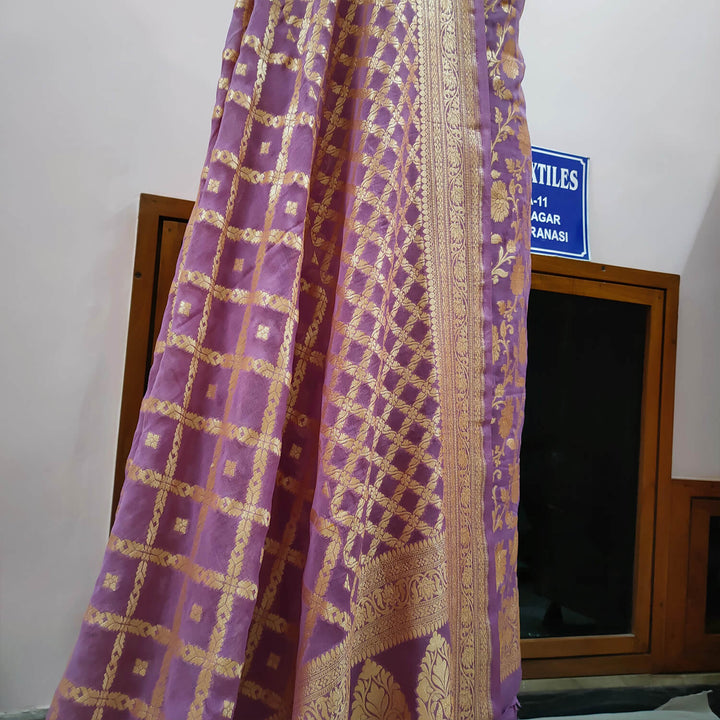 Mauve Pure Khaddi Georgette Silk Banarasi Suit