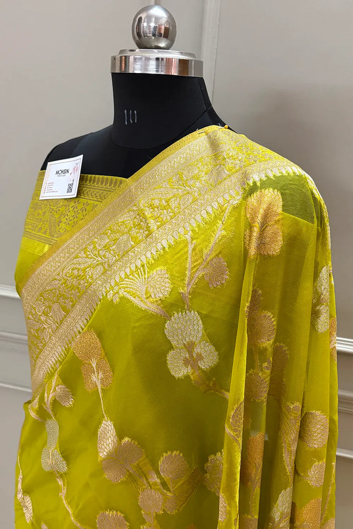 Mehendi Golden Zari Organza Silk Banarasi Saree