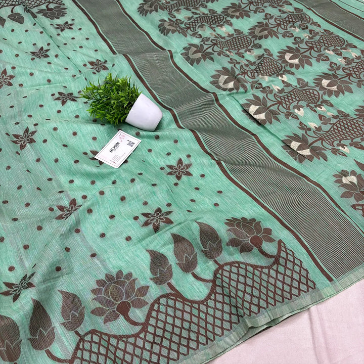Mint Green Resham Zari Linen Silk Banarasi Saree