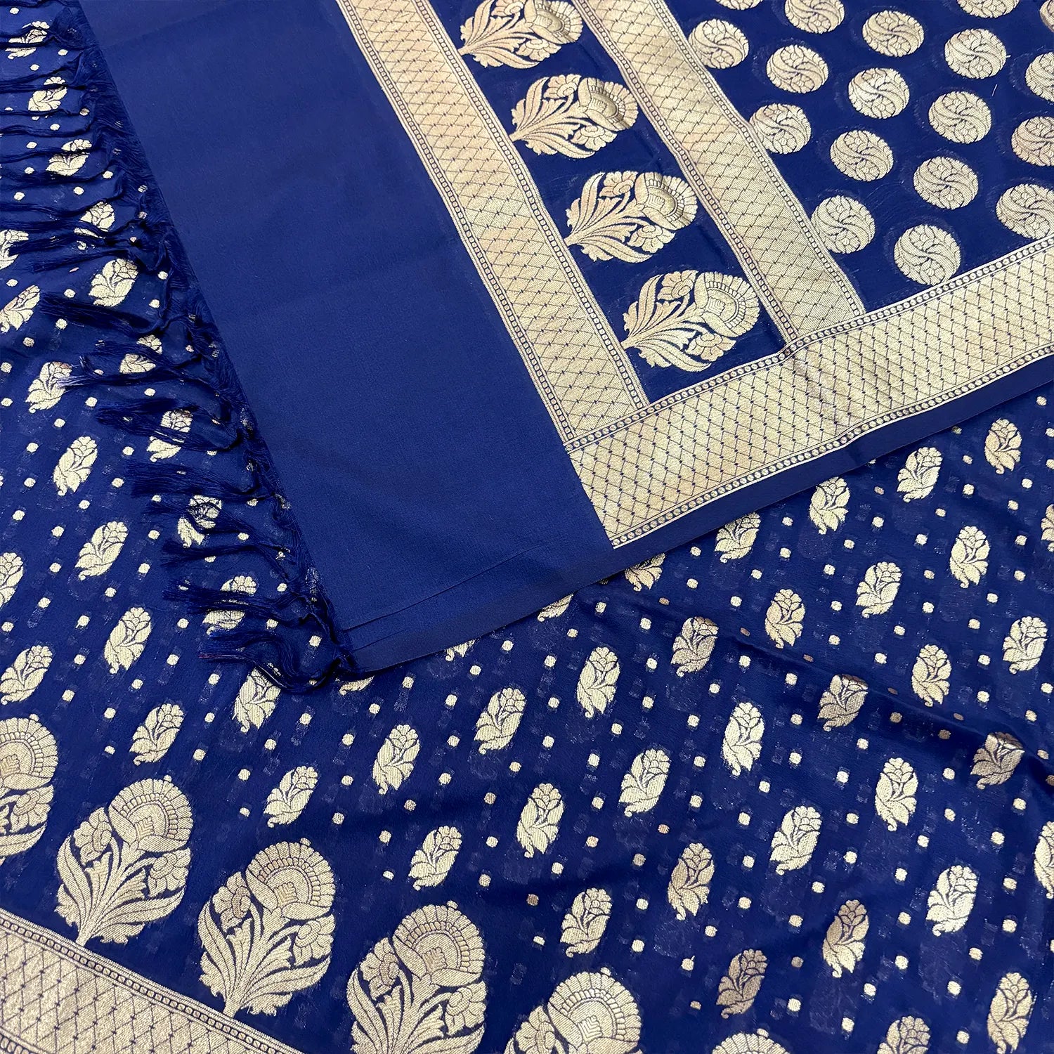 Navy Blue Golden Zari Katan Silk Banarasi Suit