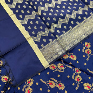 Navy Blue Golden Zari Satin Silk Banarasi Suit