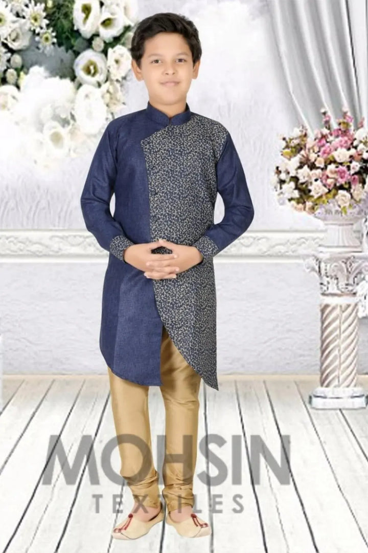 Navy Blue Half Print Cotton Silk Boys Kurta Pajama