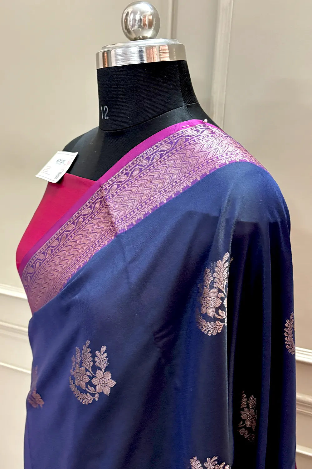 Navy Blue and Pink Golden Zari Banarasi Silk Saree