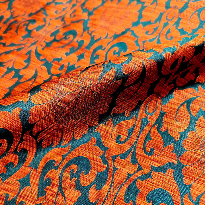 Orange Brocade Ghicha Silk Banarasi Fabric