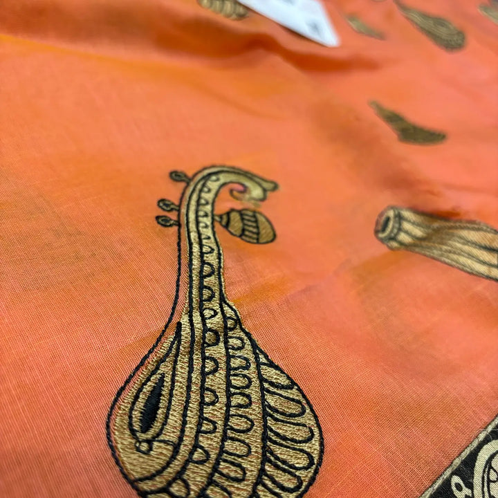 Orange Embroidery Work Cotton Silk Banarasi Saree