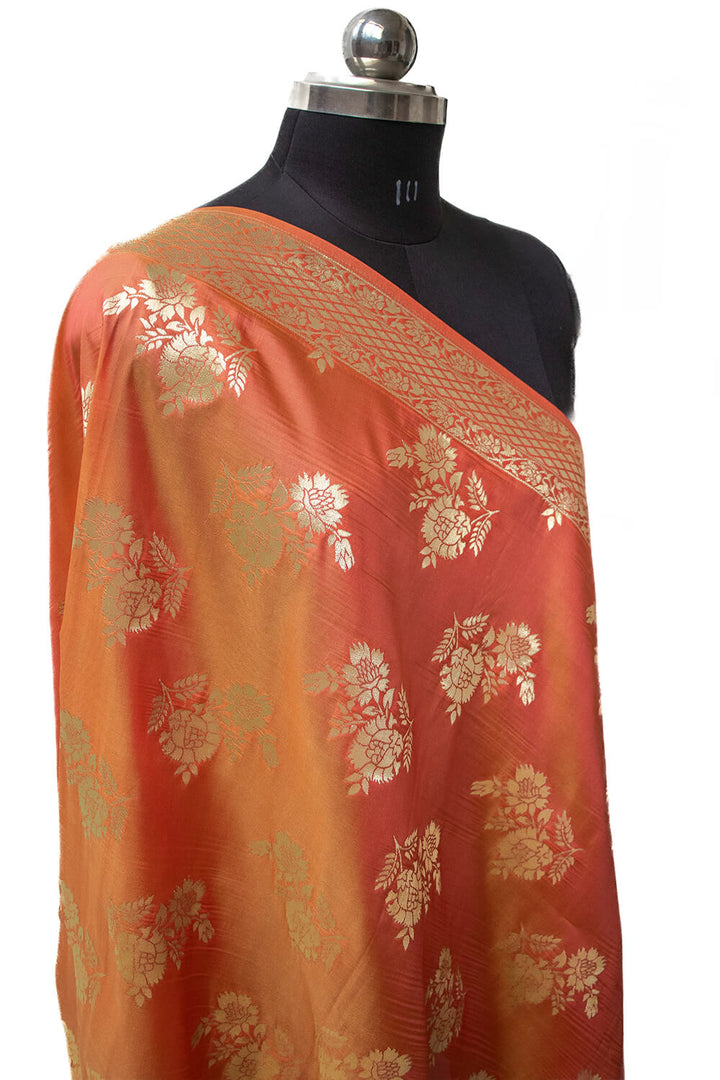 Orange Golden Zari Katan Silk Banarasi Dupatta