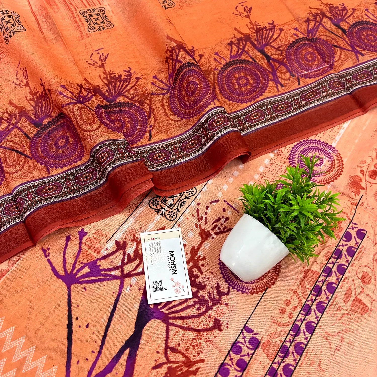 Orange Printed Cotton Silk Salwar Suit