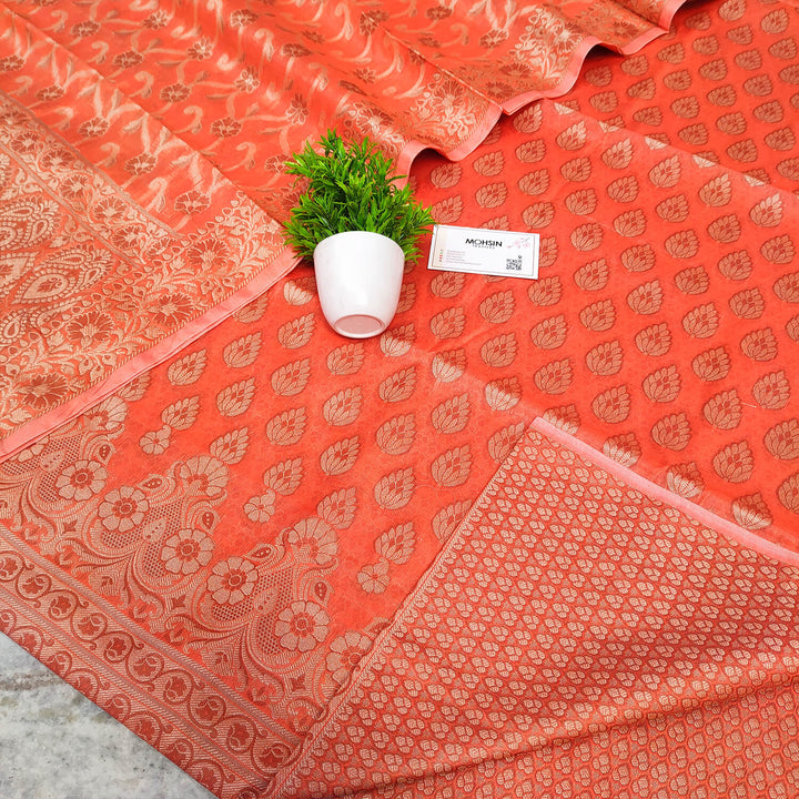 Orange Resham Zari Cotton Silk Banarasi Suit