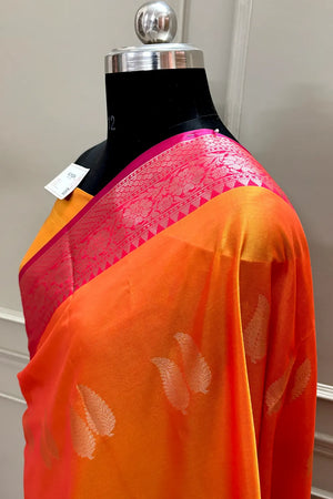 Orange and Mehendi Golden Zari Banarasi Silk Saree