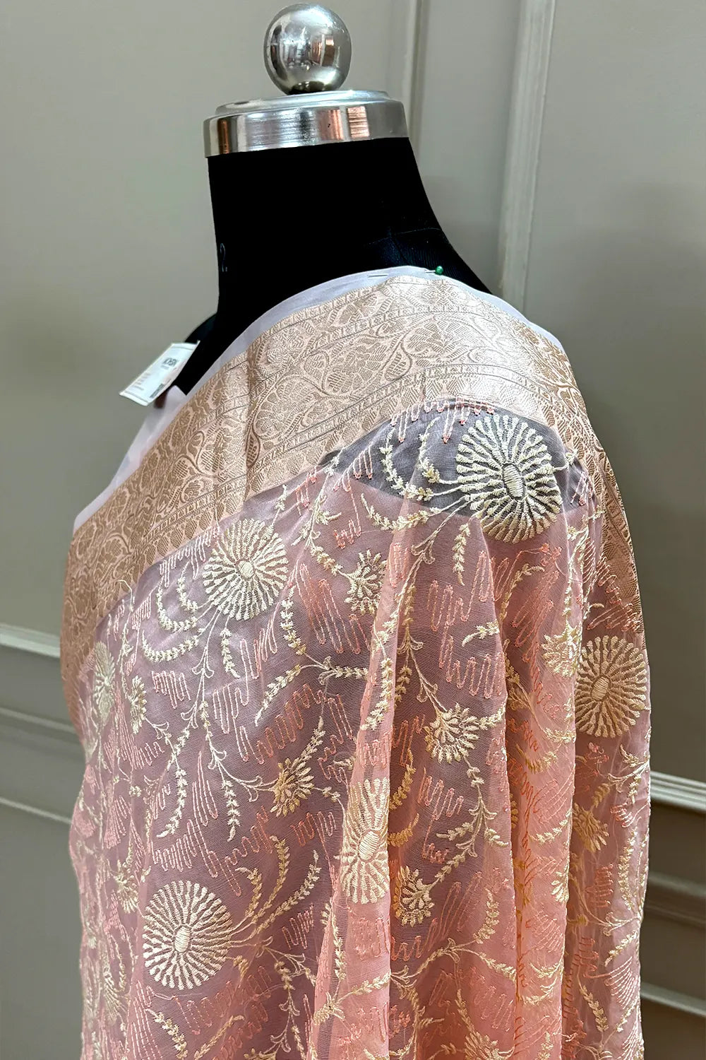 Peach Embroidery Organza Silk Banarasi Saree