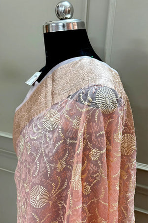 Peach Embroidery Organza Silk Banarasi Saree