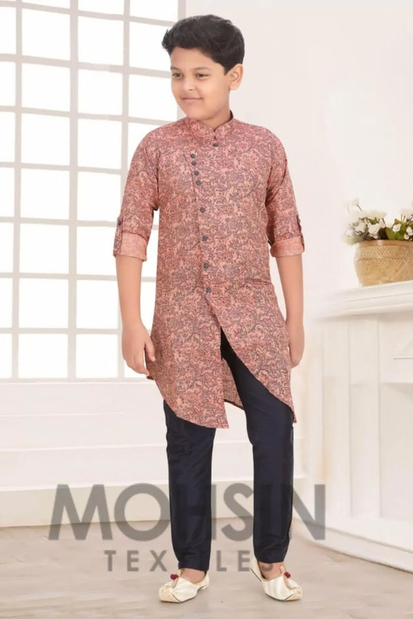 Peach Full Print Cotton Silk Boys Kurta Pajama