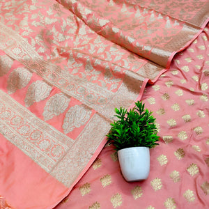 Peach Golden Zari Katan Silk Banarasi Suit
