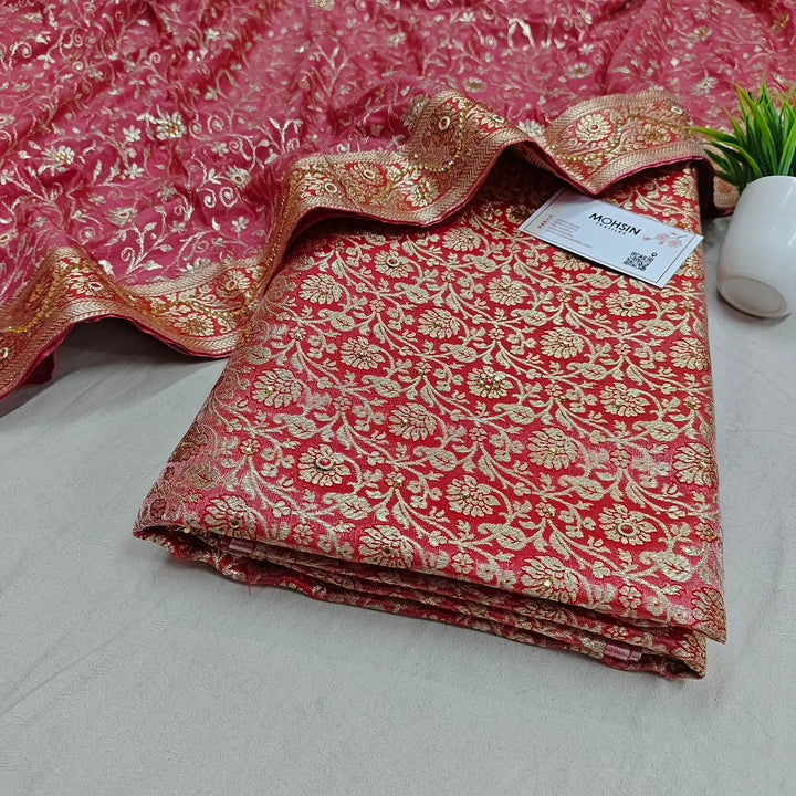 Peach Stone Work Kimkhab Silk Banarasi Gharara