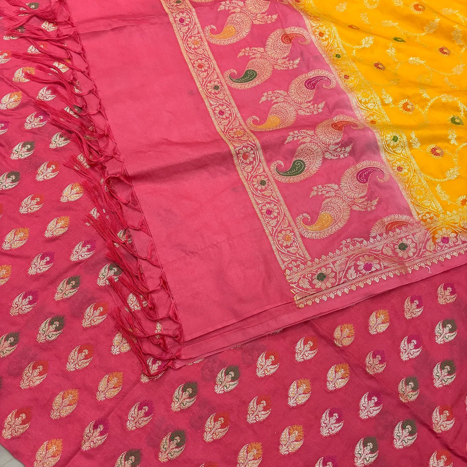 Peach and Yellow Golden Zari Katan Silk Banarasi Suit