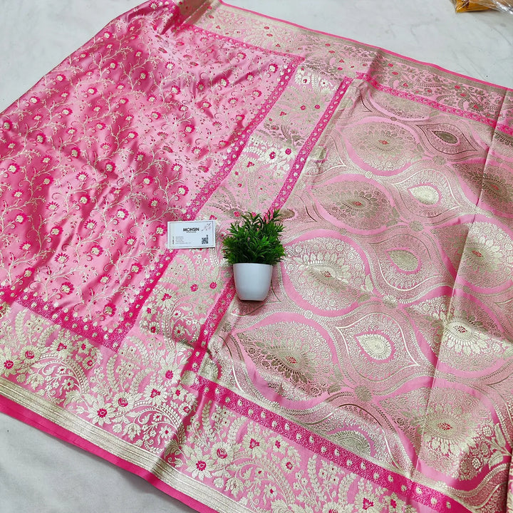 Pink Golden Zari Katan Silk Banarasi Saree