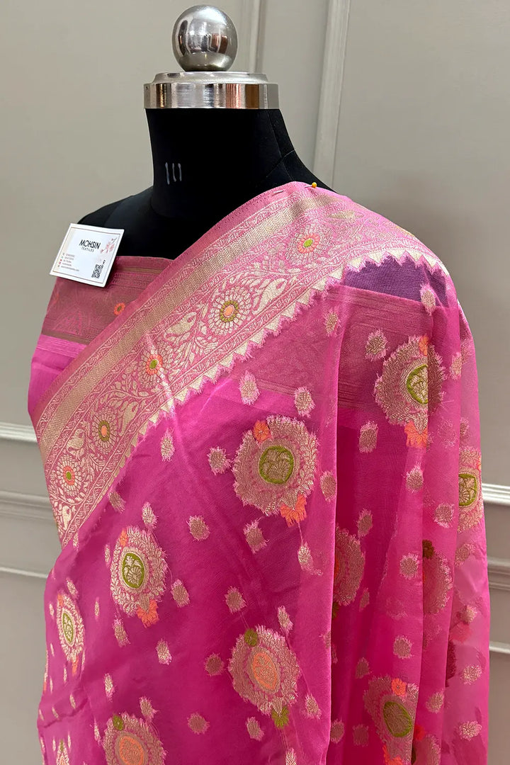 Pink Golden Zari Organza Silk Banarasi Saree