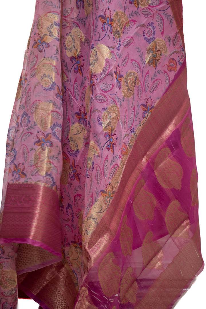 Pink Golden Zari Printed Organza Silk Saree