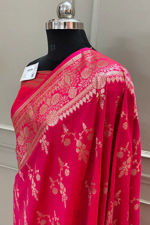Pink Golden Zari Satin Silk Banarasi Saree