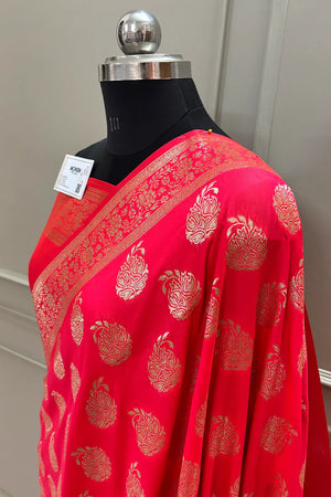 Pink Golden Zari Silky Banarasi Saree