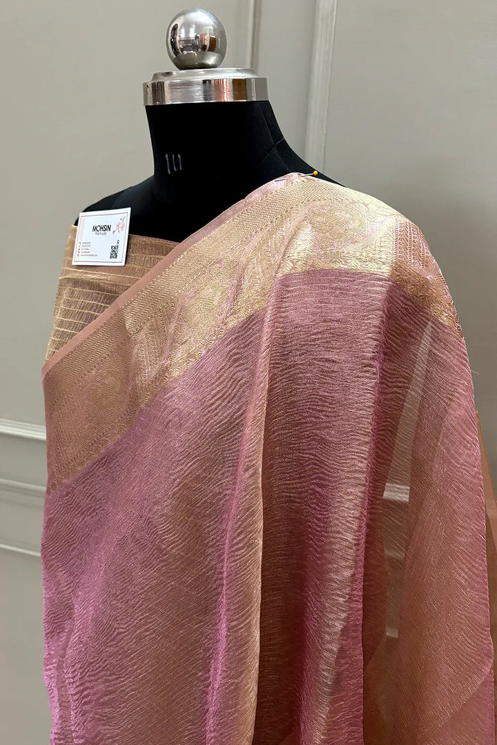 Pink Golden Zari Tissue Silk Banarasi Saree