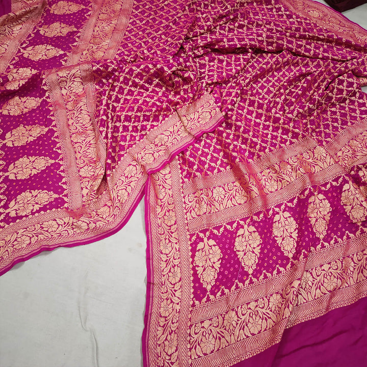 Pink Handloom Bandhej Georgette Banarasi Dupatta