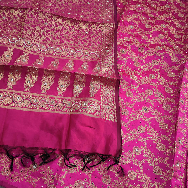 Pink Satin Silk Silver Stone Work Banarasi Suit