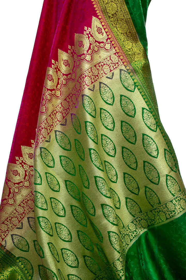 Pink and Green Satin Silk Banarasi Saree