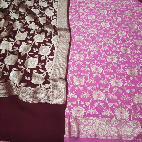 Pink and Maroon Handloom Georgette Silk Banarasi Suit