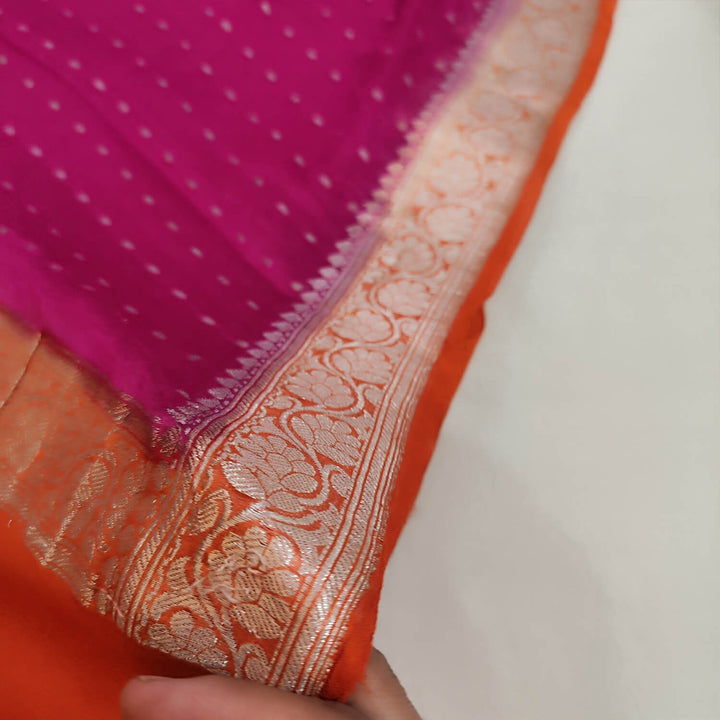 Pink and Orange Handloom Georgette Banarasi Dupatta