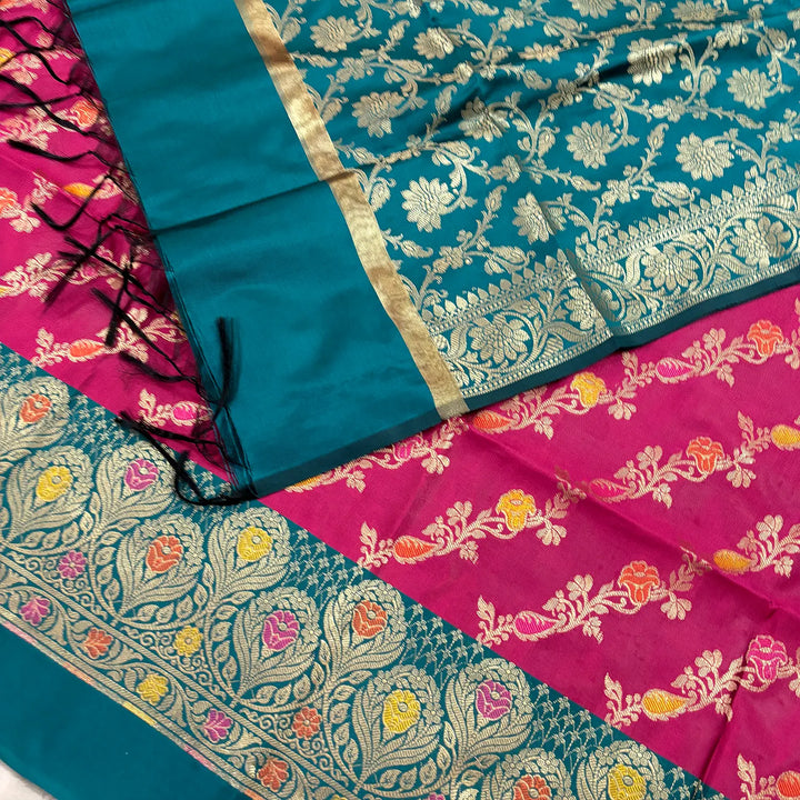 Pink and Teal Rang Mahal Satin Silk Banarasi Suit