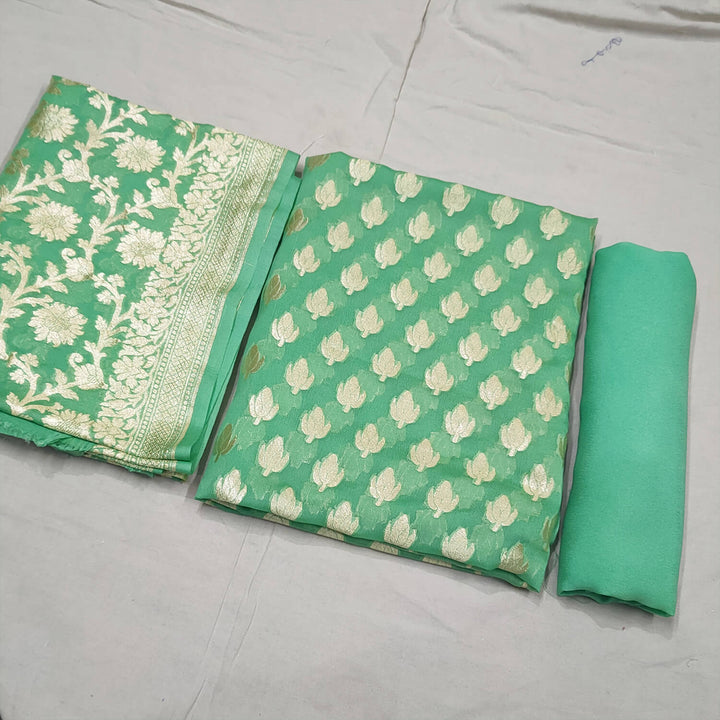 Pista Green Handloom Georgette Silk Banarasi Suit