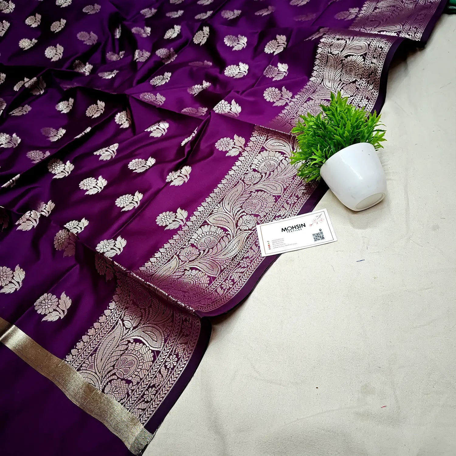 Purple Golden Zari Satin Silk Banarasi Dupatta