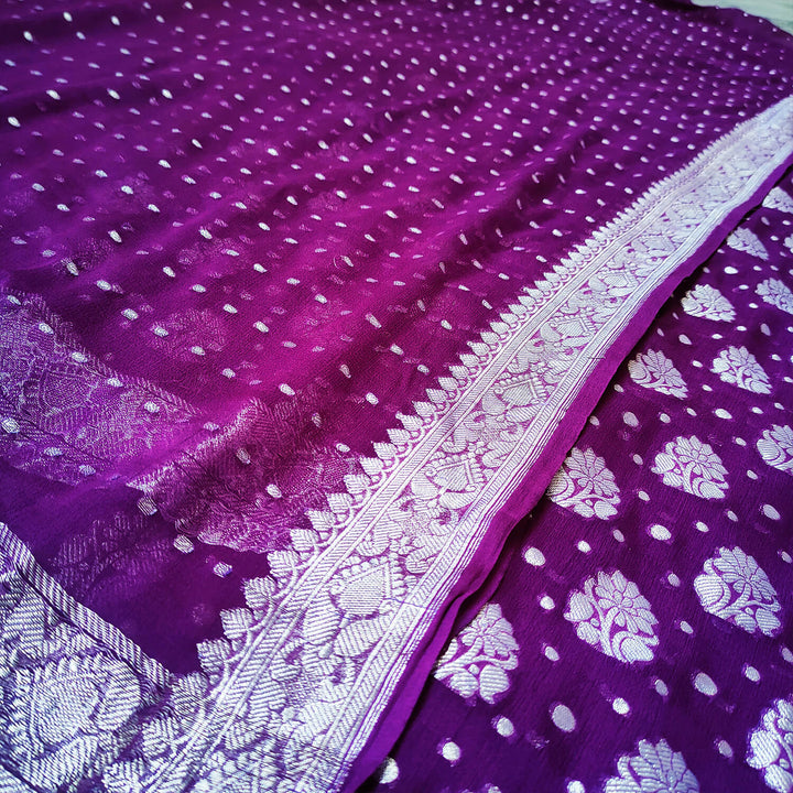 Purple Silver Zari Georgette Silk Banarasi Suit