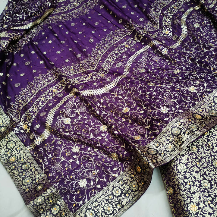 Purple Stone Work Kimkhab Silk Banarasi Gharara