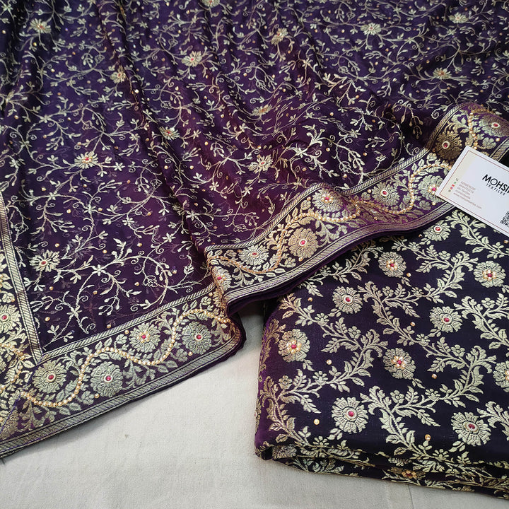 Purple Stone Work Kimkhab Silk Banarasi Gharara