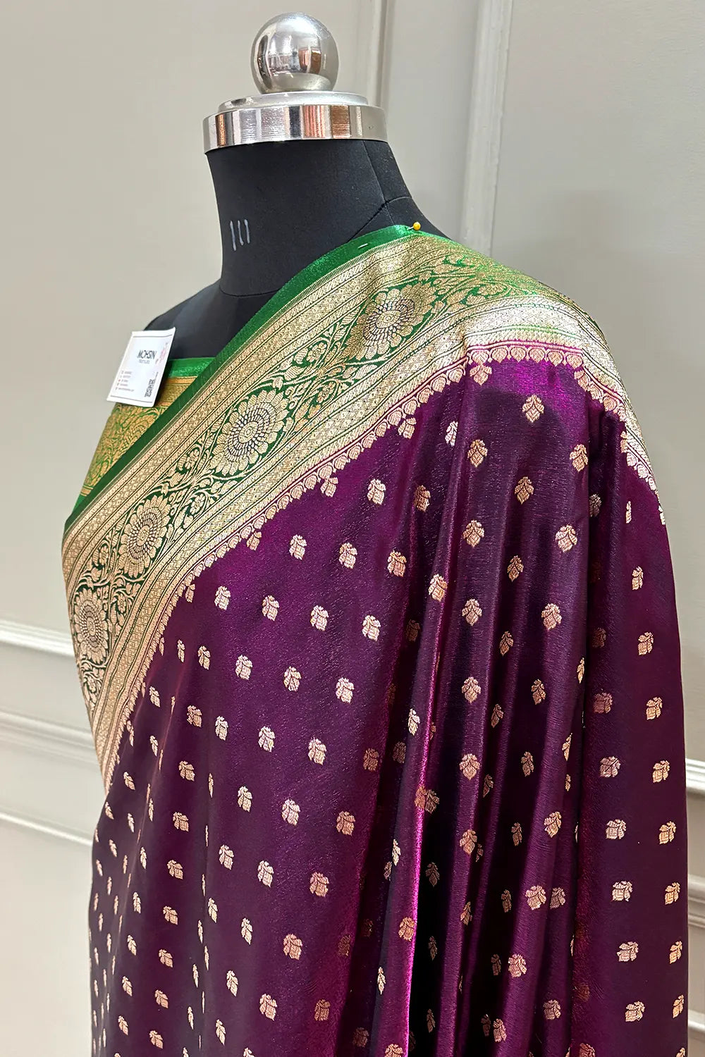 Purple and Green Makkhi Buti Satin Silk Banarasi Saree