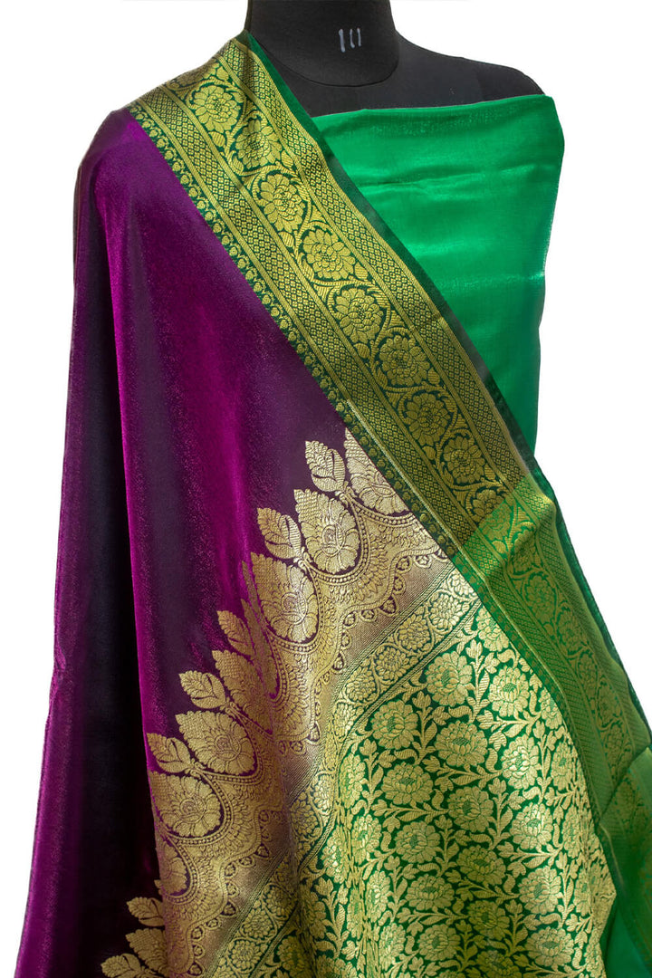 Purple and Green Plain Satin Silk Banarasi Saree