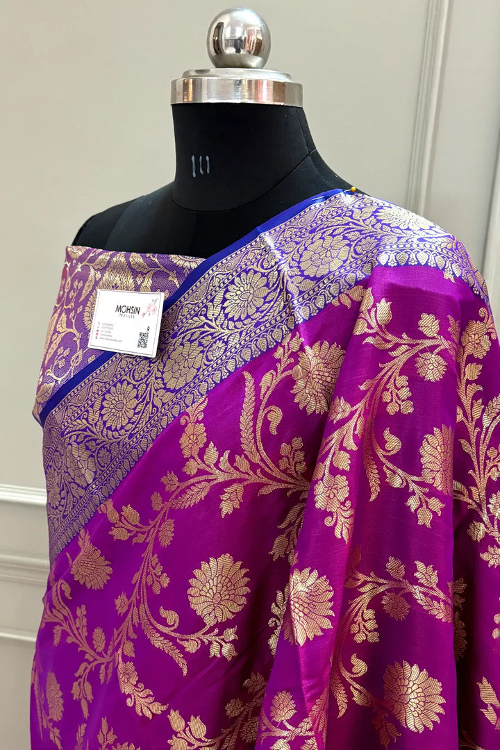 Purple and Royal Blue Morpankhi Jaal Satin Silk Banarasi Saree