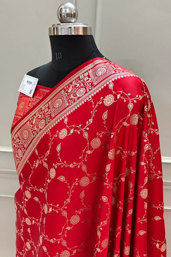 Red Albeli Jaal Katan Silk Banarasi Saree