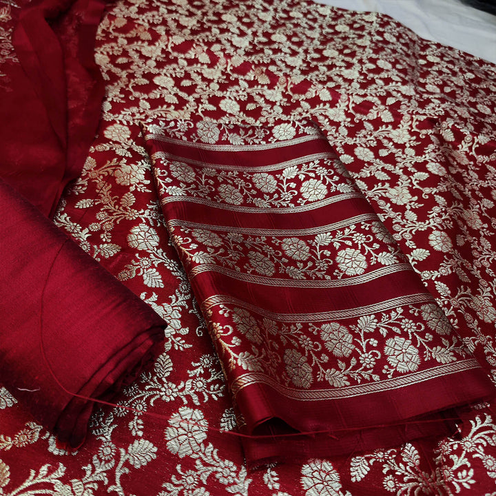 Red Bridal Kimkhab Silk Banarasi Suit With Georgette Dupatta