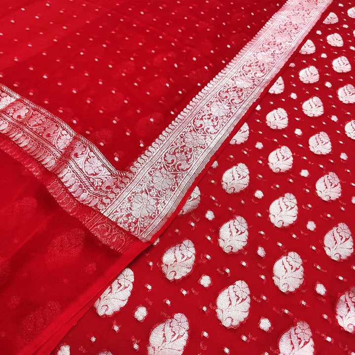 Red Handloom Georgette Silk Banarasi Suit