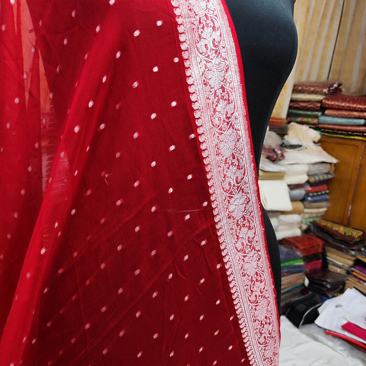 Red Handloom Pure Georgette Silk Banarasi Dupatta