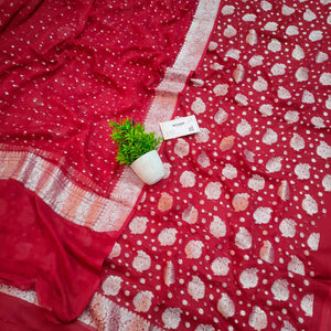 Red Handloom Pure Khaddi Georgette Banarasi Suit